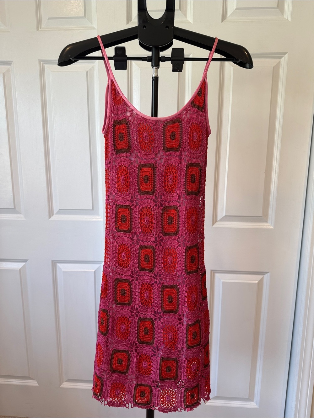 Vintage Cache Pink & Red Crochet Square Slip Dress
